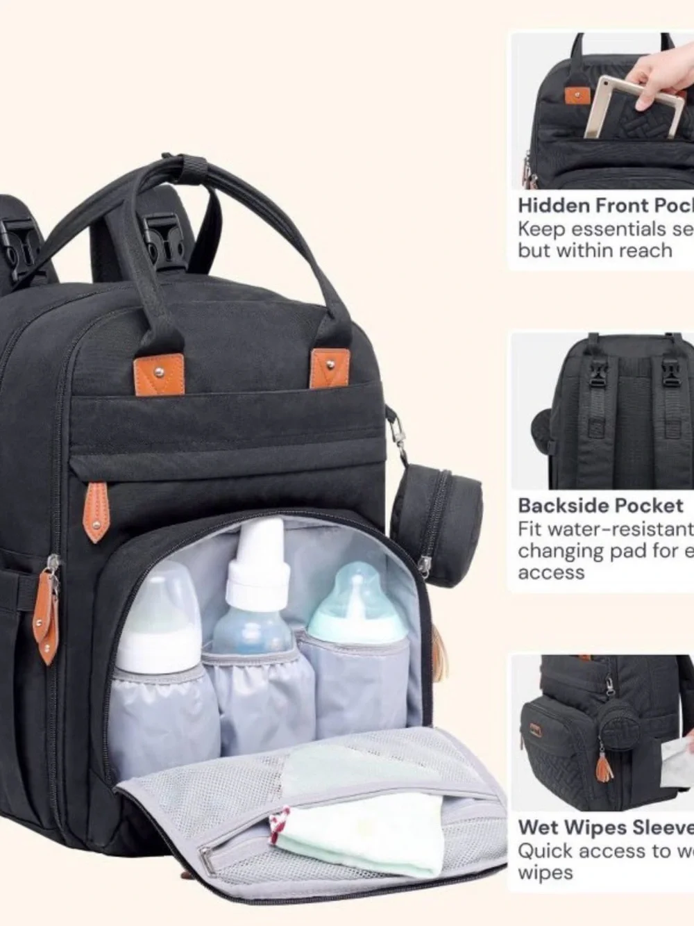 Babbleroo Black Baby Diaper Backpack Bag - Stylish Organizer